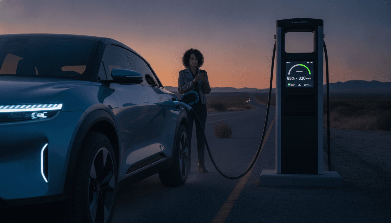 A sleek, modern electric car, representing the cutting edge of the EV range race, parked at a futuristic charging station with a long, open road stretching into the distance.