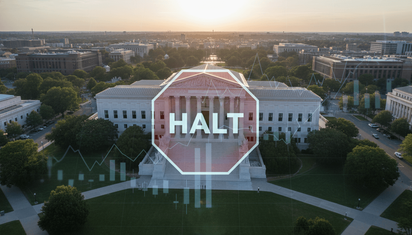 An aerial view of the Supreme Court building in Washington D.C., with a stylized, translucent overlay of financial charts and graphs representing the halted Trump election fund.