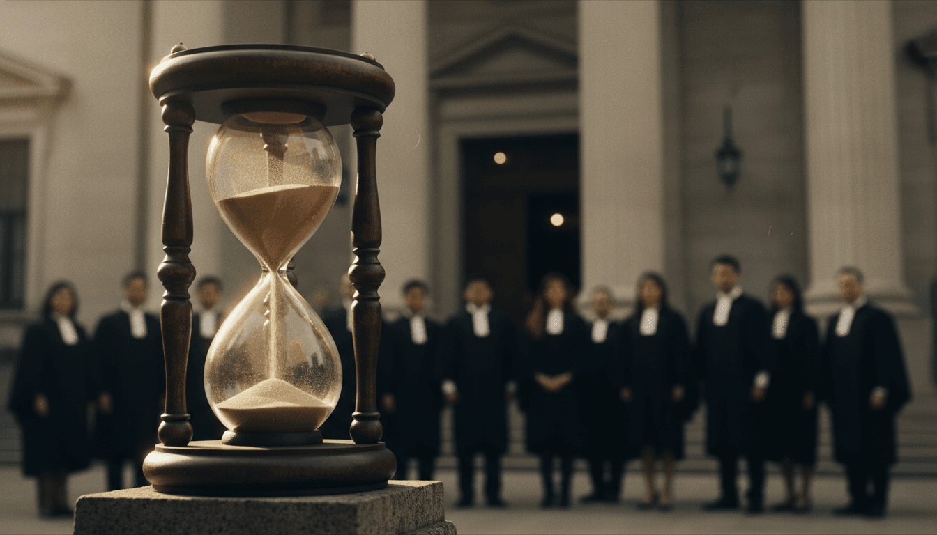 A stylized clock face with hands rapidly approaching 12, symbolizing the swift approach of a verdict in 19 days, overlaid with subtle legal scales.