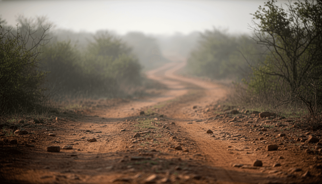 A desolate, mist-shrouded landscape on the border of Kruger National Park at dawn, hinting at the remote and challenging terrain associated with the Kruger Park murders investigation.
