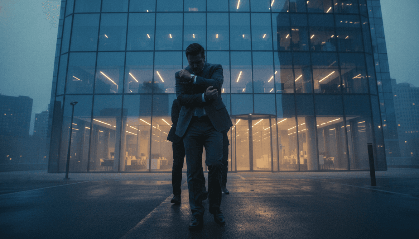 A man in a business suit, representing a Texas oil CEO arrested, being led away in handcuffs by an unseen law enforcement officer, with a backdrop of a modern corporate building at dusk.