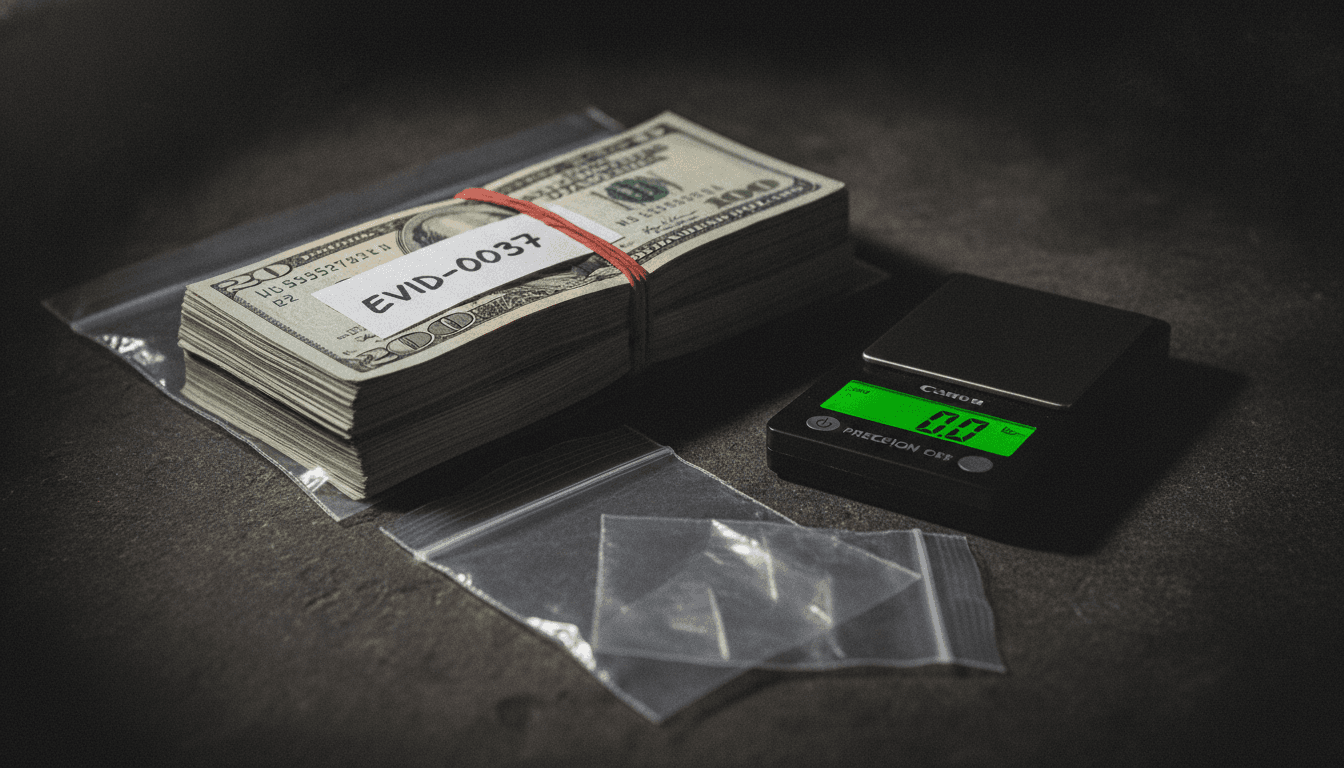 A still life composition featuring a police evidence bag containing bundles of cash, a small scale, and several sealed plastic baggies that could contain narcotics, representing the Surrey men charged in drug trafficking bust.