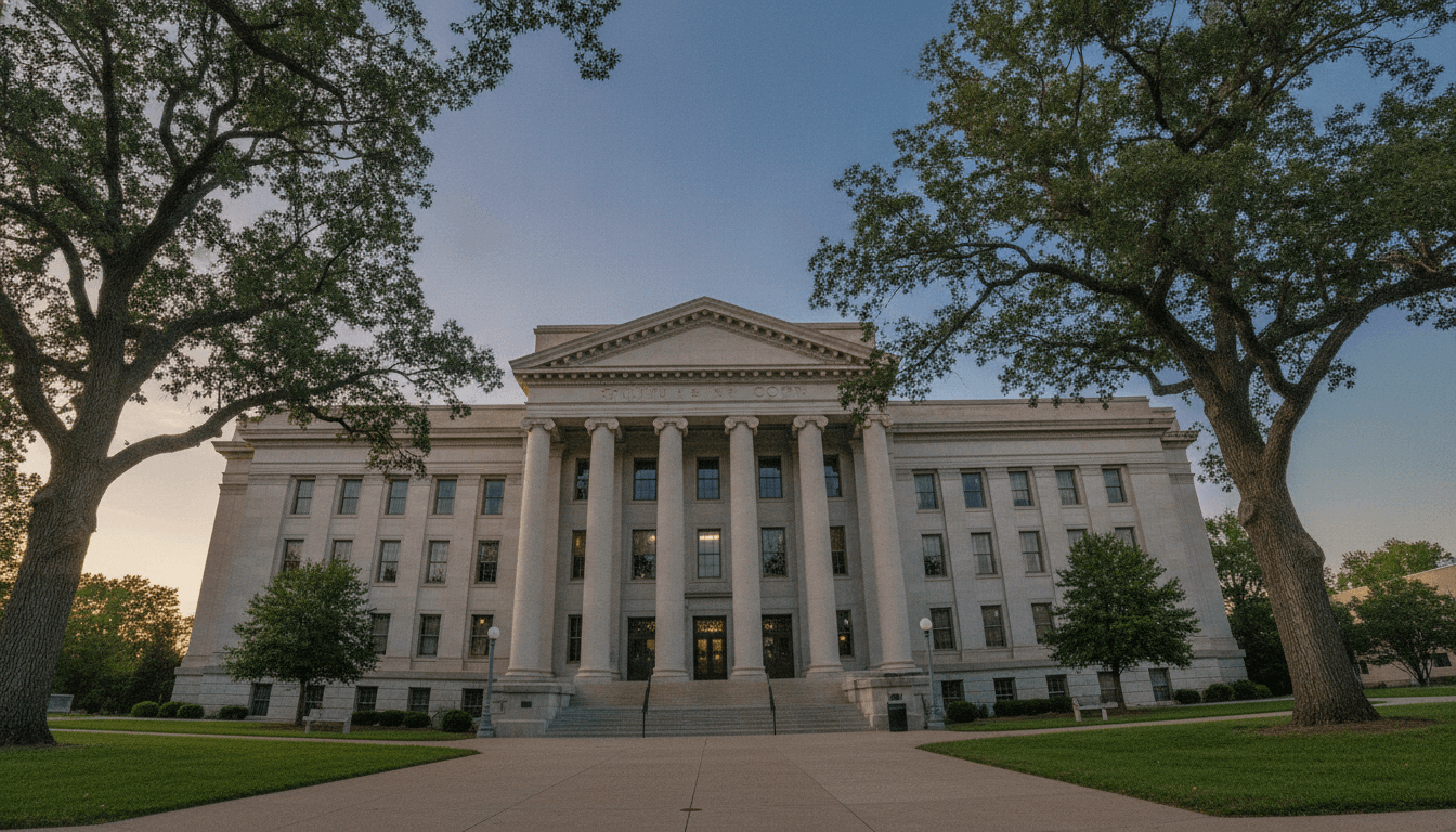 A wide environmental shot of the South Dakota Supreme Court building in Pierre, with a clear blue sky overhead, symbolizing the judicial authority behind the pretrial self-defense immunity rulings.