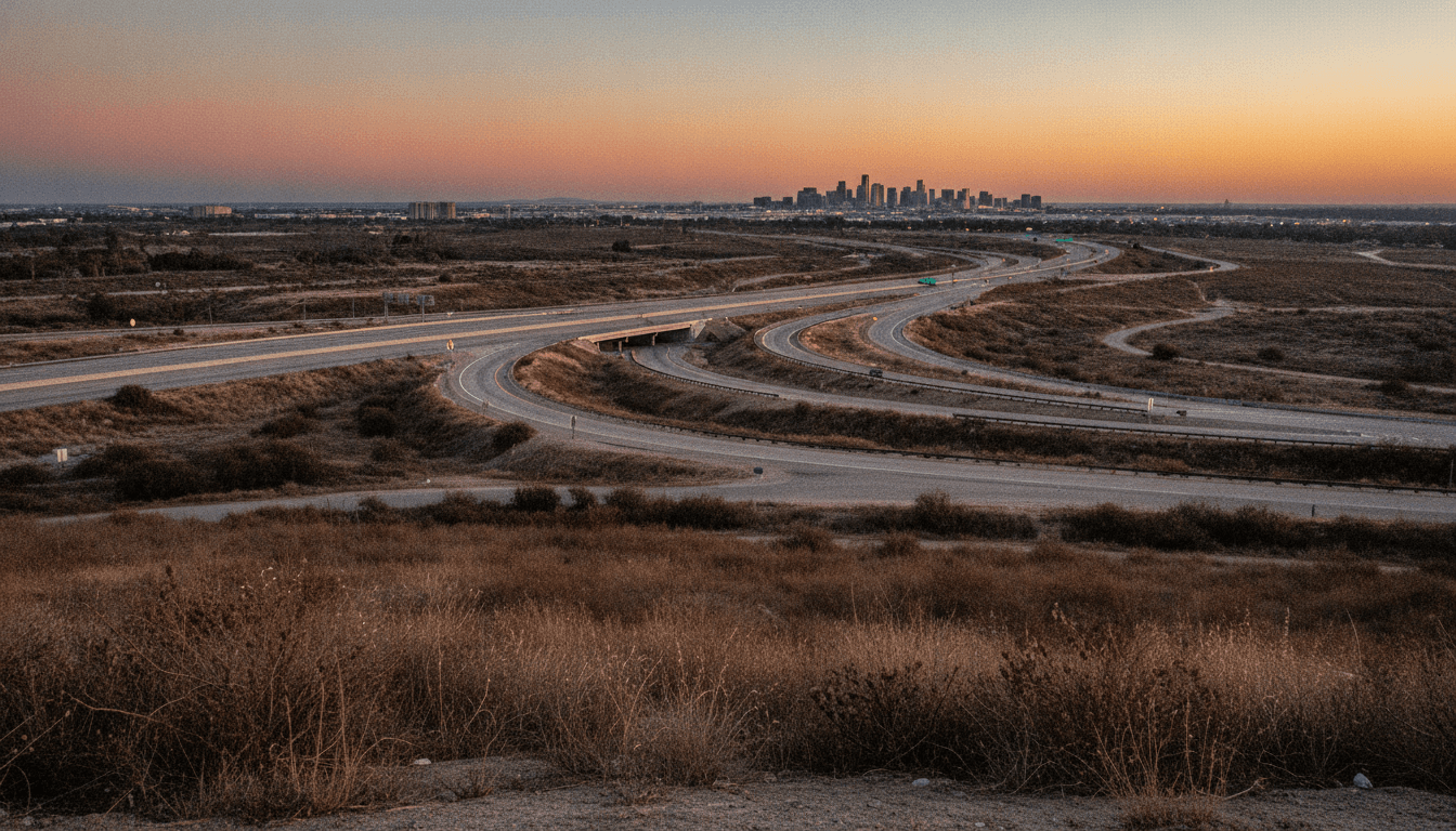 Aerial view of the Interstate 5 and State Route 905 interchange in San Diego, where human remains were found, central to the San Diego serial killer investigation.