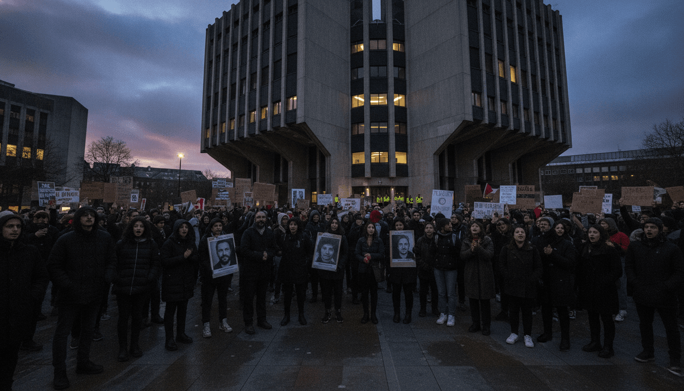 Protesters holding pictures of the 'Filton 4' Palestine Action activists outside Woolwich Crown Court after the sentencing decision.