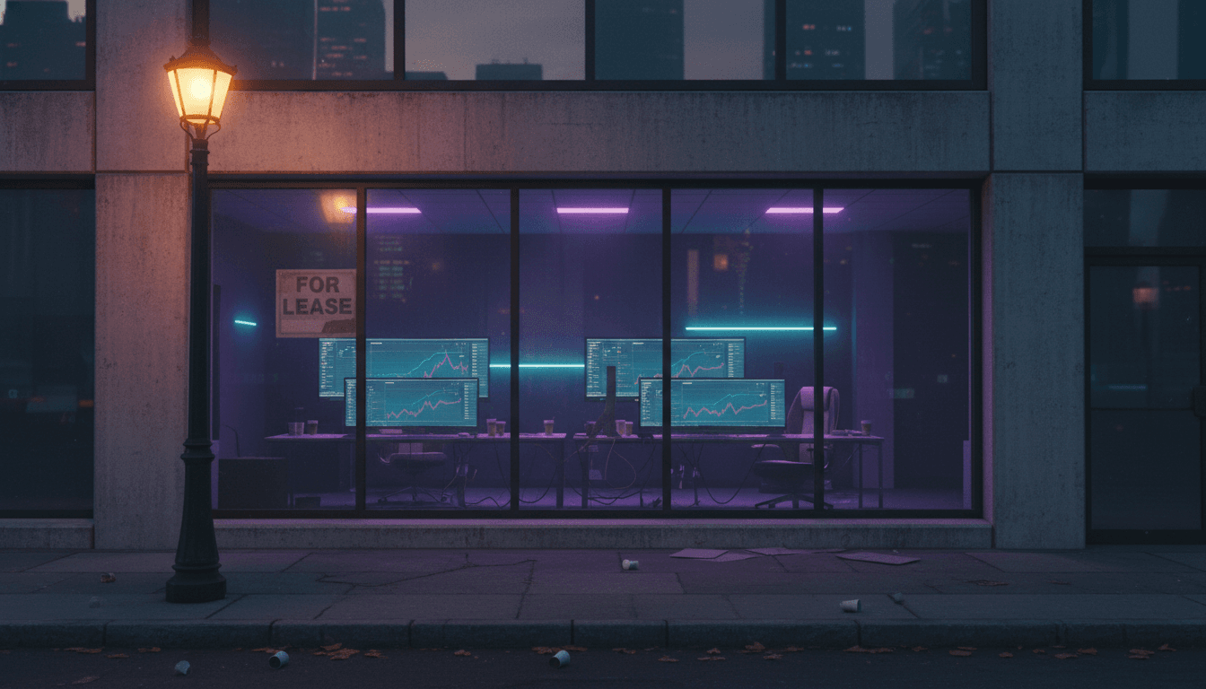 A dimly lit server rack with a single red LED blinking, symbolizing the winding down of Radiant Capital after a cyberattack.