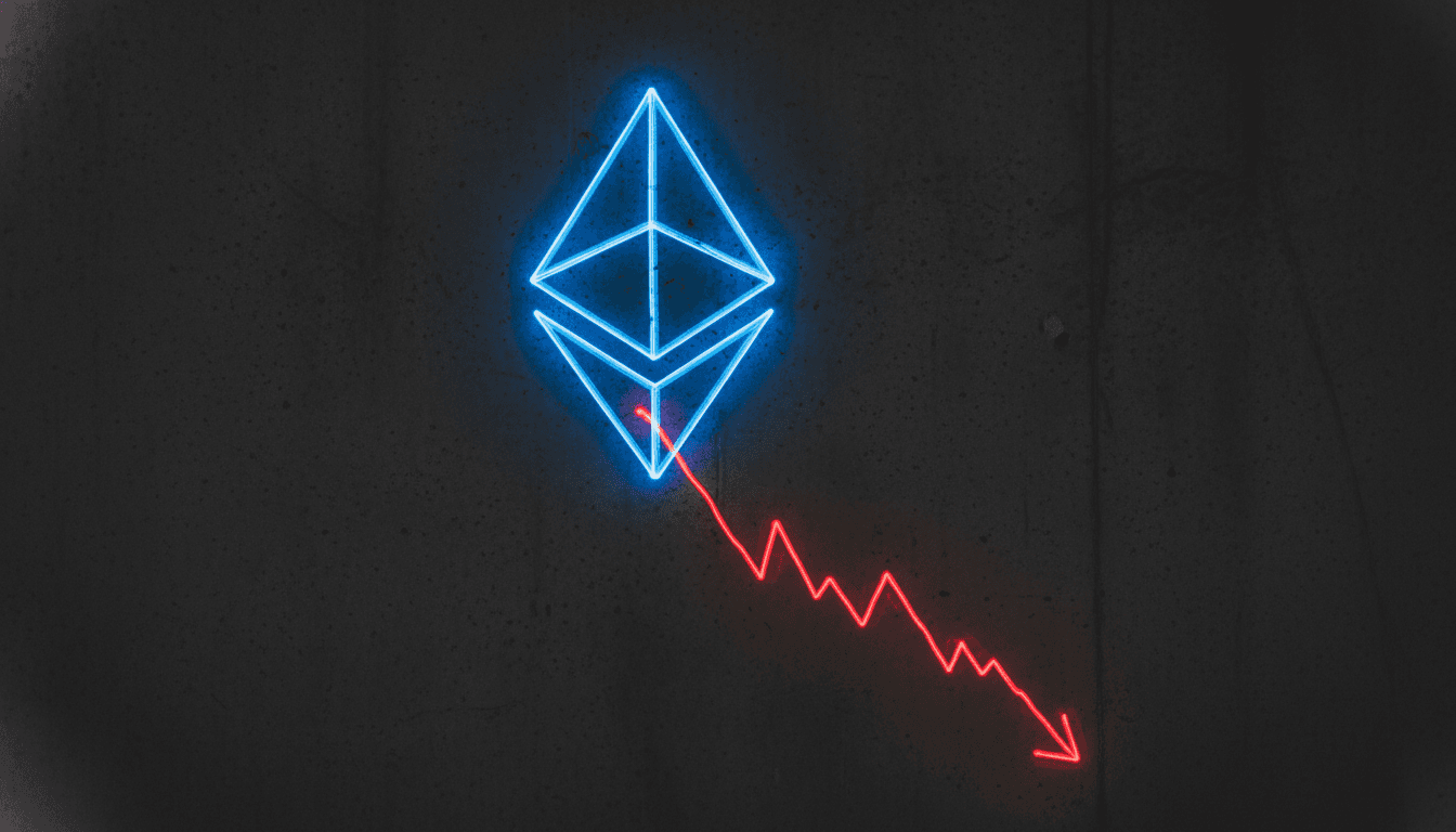 A digital representation of the Ethereum logo with a downward trend arrow, illustrating the Ether price crashes.