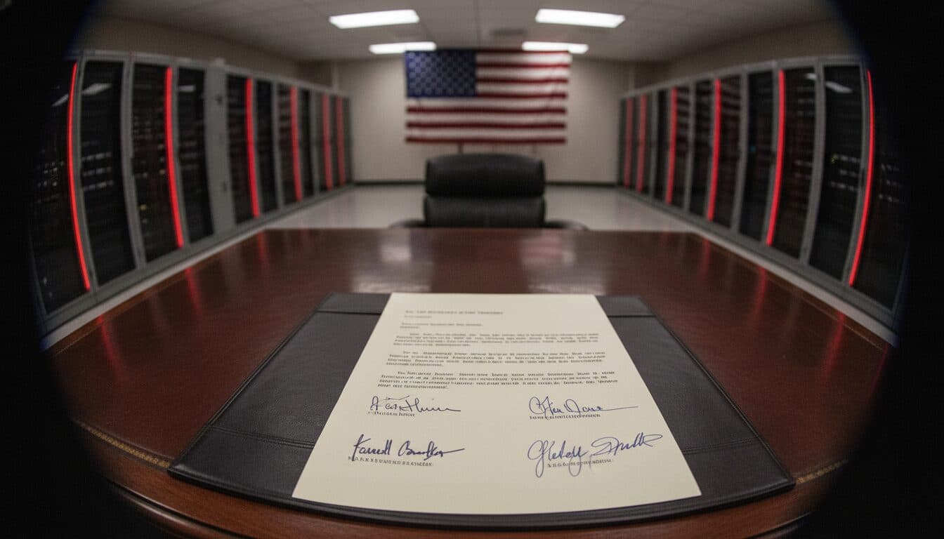 A letter from senators urging the Treasury to preserve state authority in GENIUS Act implementation, placed on a desk with a blurred US flag in the background.