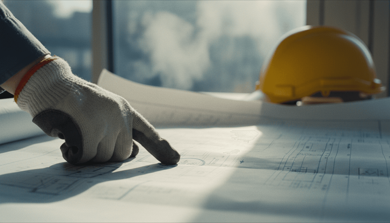 A close-up of a construction worker's hand holding blueprints on a job site, symbolizing investment in home-builder stocks.
