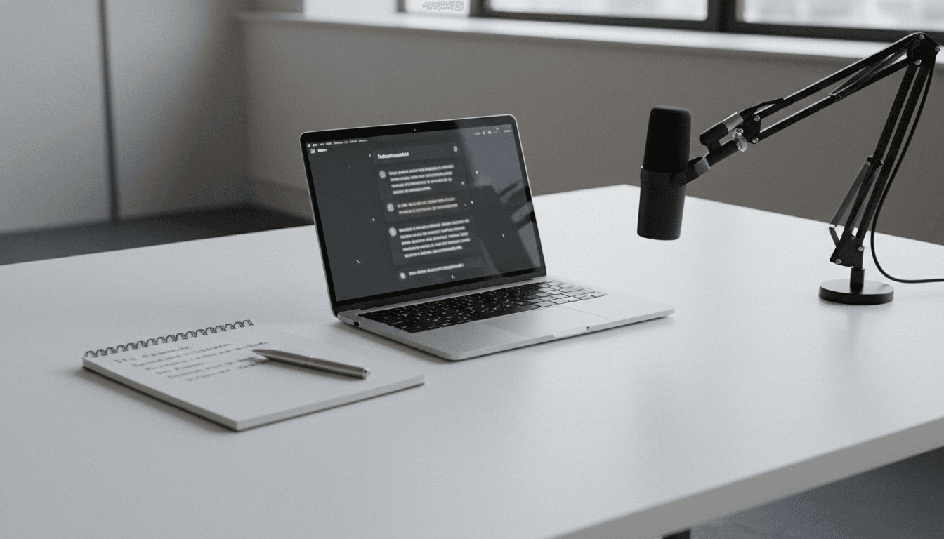 A person intently engaged in an AI role-play salary negotiation on a laptop, with a microphone and notes.