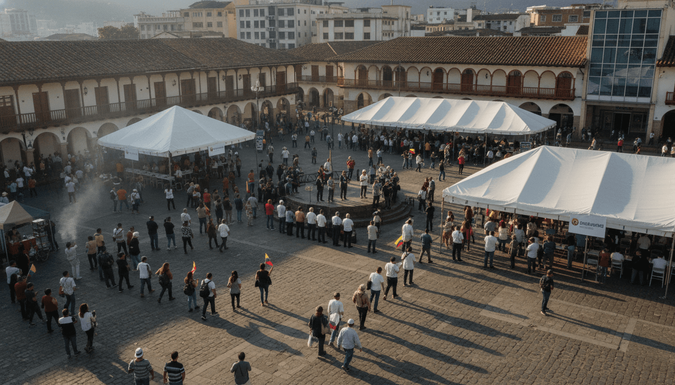 Aerial view of a polling station in a Colombian town, highlighting the scale of US electoral meddling in the region.