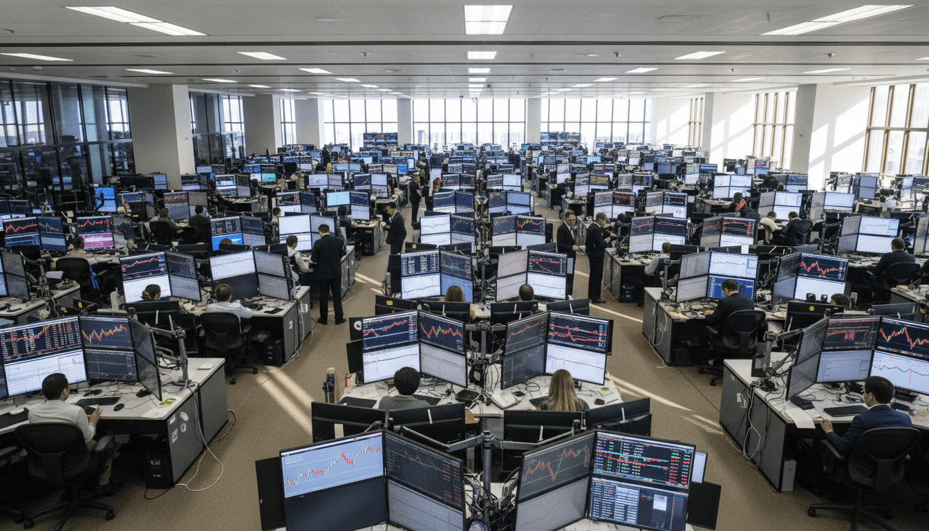 An aerial view of a vibrant, high-energy trading floor, showcasing multiple screens displaying real-time financial data and charts, emphasizing day trading accessibility.
