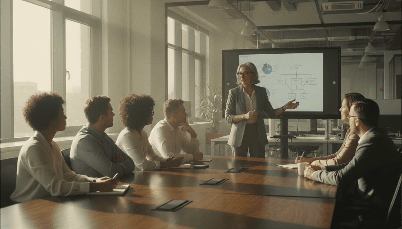 A diverse group of experienced professionals, including workers over 40, collaborating in a modern office environment, demonstrating how they combat ageism through teamwork.