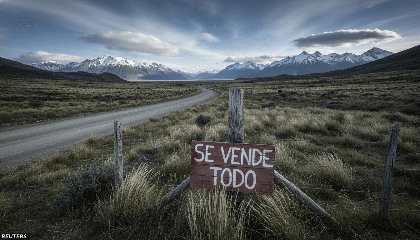 Aerial view of vast, undeveloped Argentine Patagonia landscape, hinting at the potential for unlimited sale of Argentine land to foreign investors.