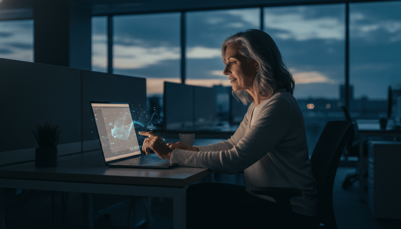 An older worker confidently using a tablet with AI-powered software, demonstrating AI adoption for older workers.