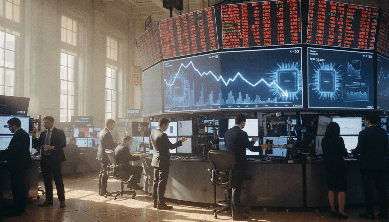 A digital representation of semiconductor stocks plummeting on a trading screen, showing red downward arrows and company logos for Micron and Broadcom.
