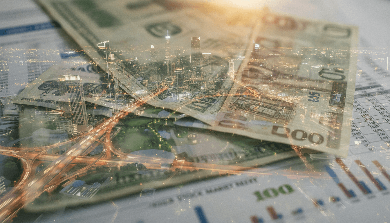 An aerial view of a busy financial district with skyscrapers under a clear sky, symbolizing the resilience of the market after a tech pullback a healthy reset.