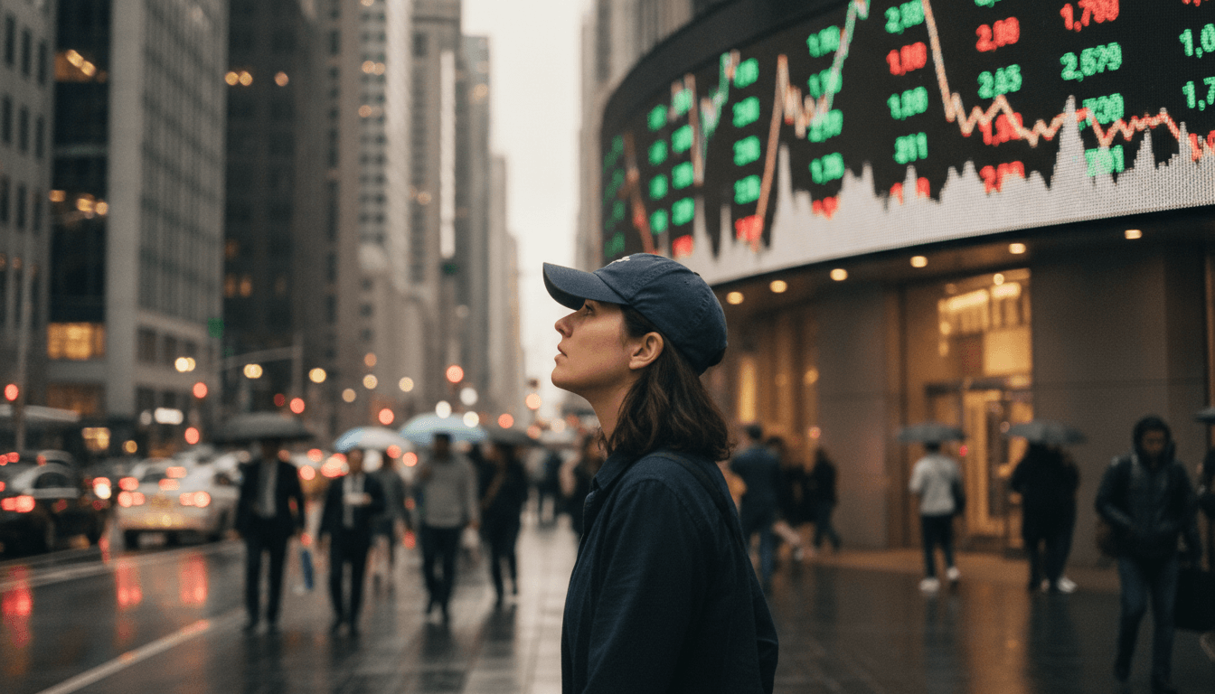 A single investor watching a stock ticker board with expressions of caution, reflecting concerns about retail euphoria and leveraged ETFs.