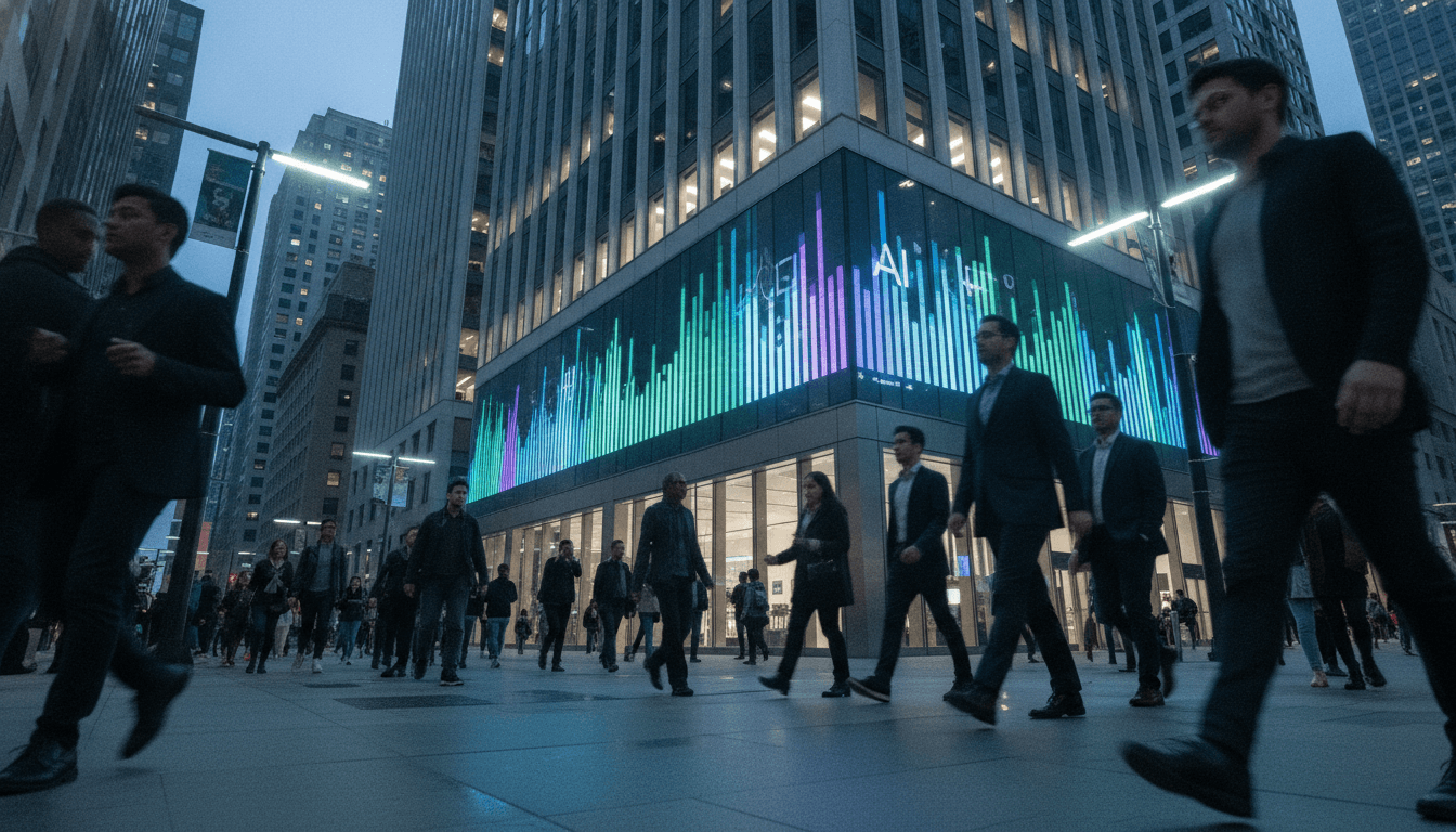 A bustling street scene with a digital billboard in the background displaying 'AI' or 'ChatGPT price war' related text, reflecting the current tech market.