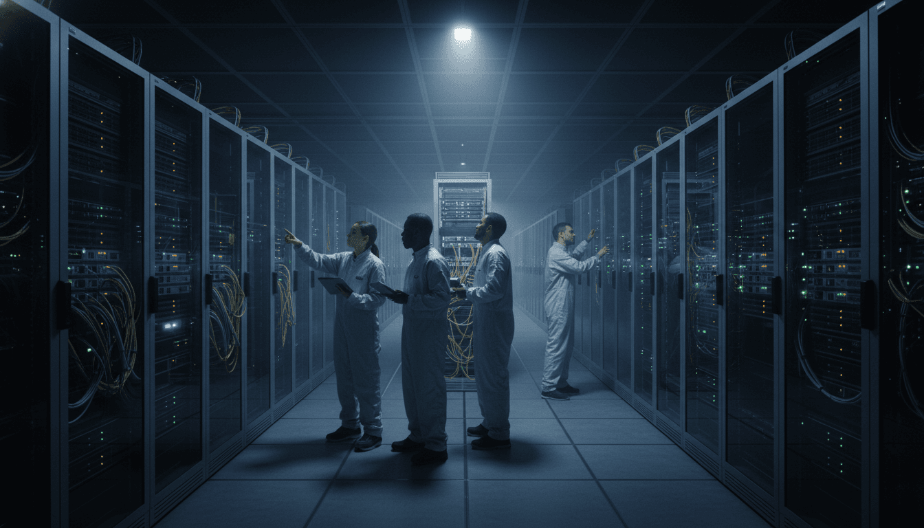 A wide shot of a data center with rows of server racks, some with blinking lights, representing the seized IT infrastructure central to the Youssef Zinad case.