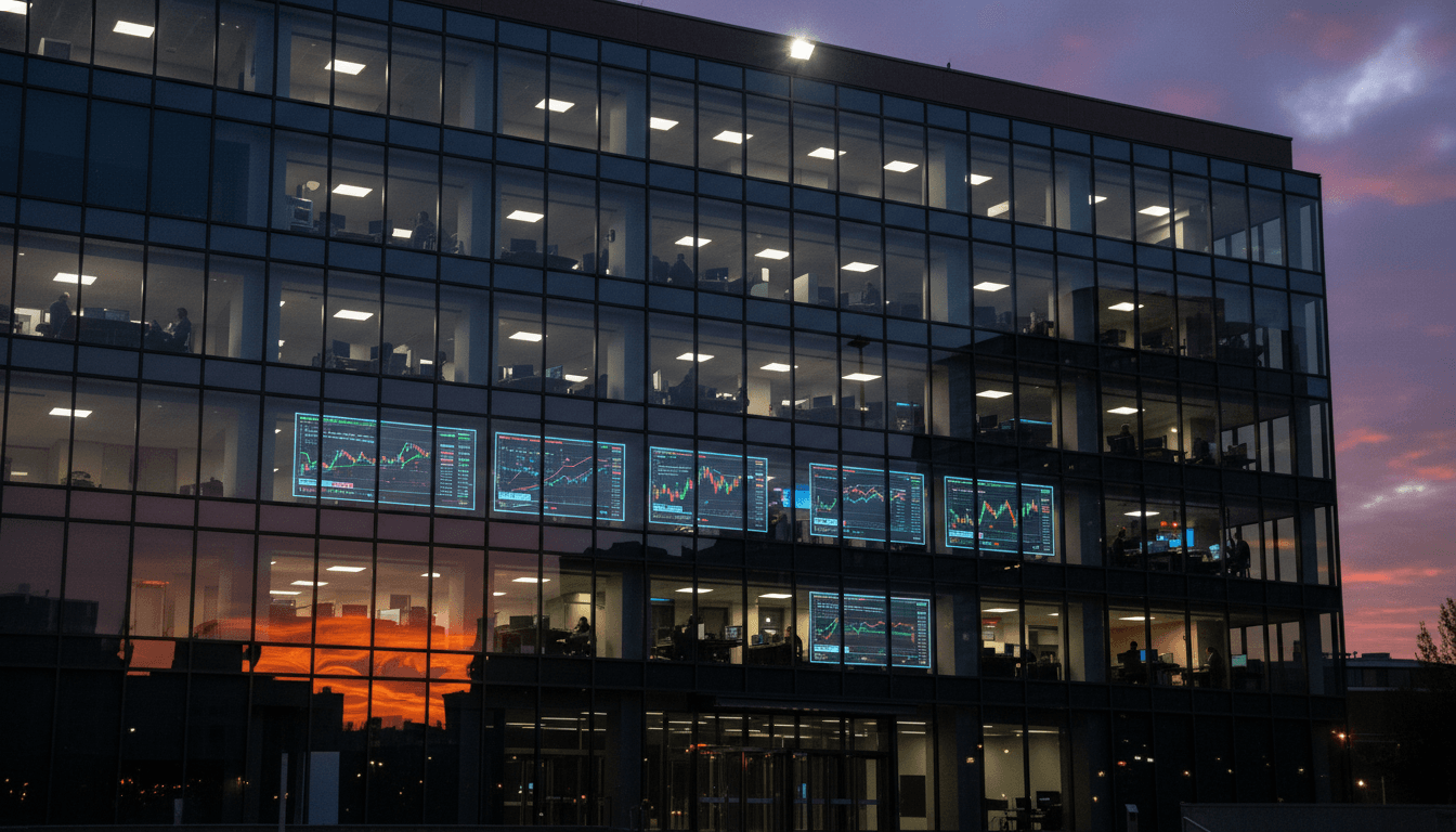 A federal Department of Justice building at dusk, with subtle glowing screens inside reflecting the ongoing investigation into financial fraud.