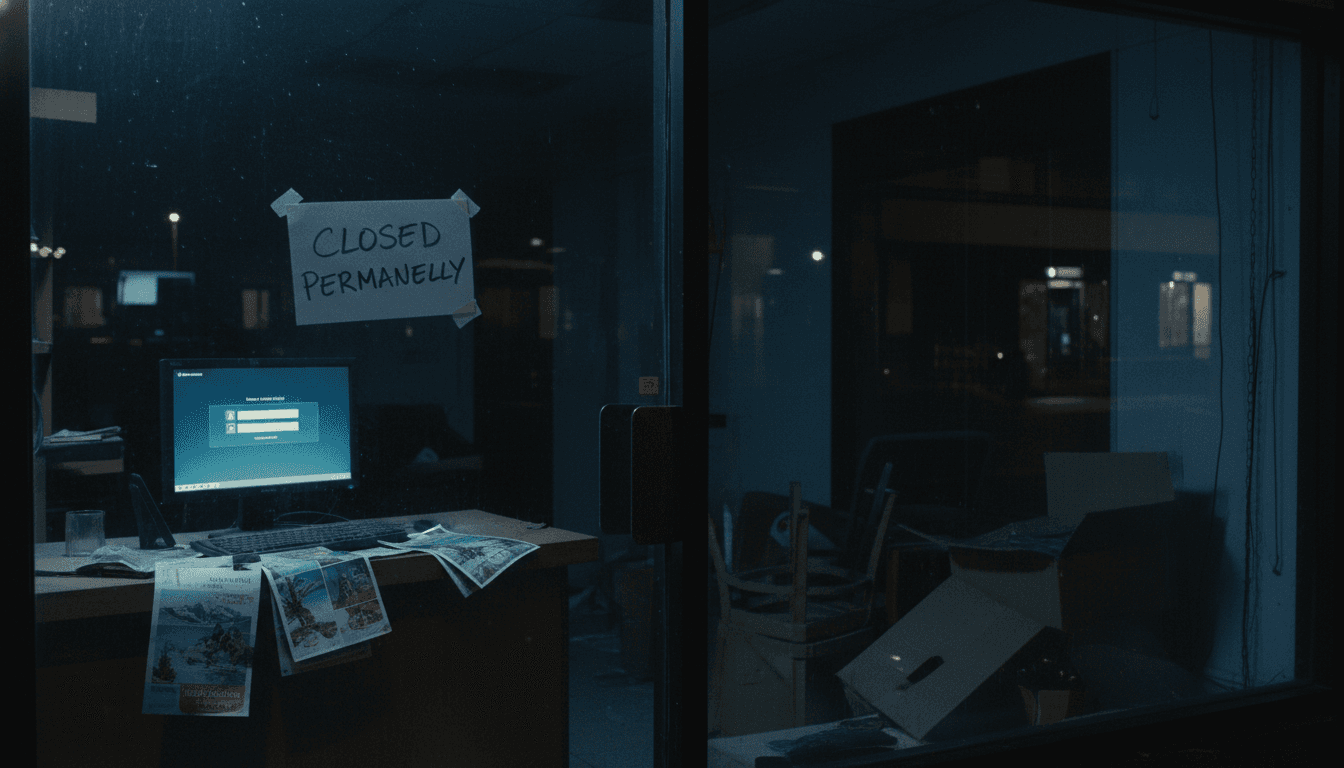 A travel agent's desk with a 'Closed' sign, a deserted phone, and scattered brochures, suggesting a sudden business collapse.