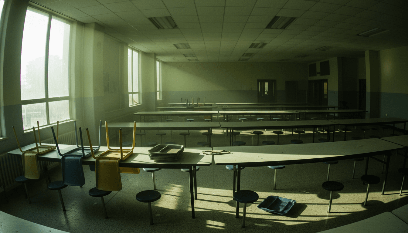 Empty cafeteria tables with overturned chairs, dust motes dancing in a shaft of weak morning sunlight, conveying a sense of abandonment and missed meals.
