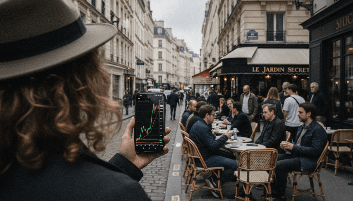 A bustling Parisian street scene with a smartphone screen prominently displaying a stock chart with a sudden spike, reflecting the illicit gains from insider trading.