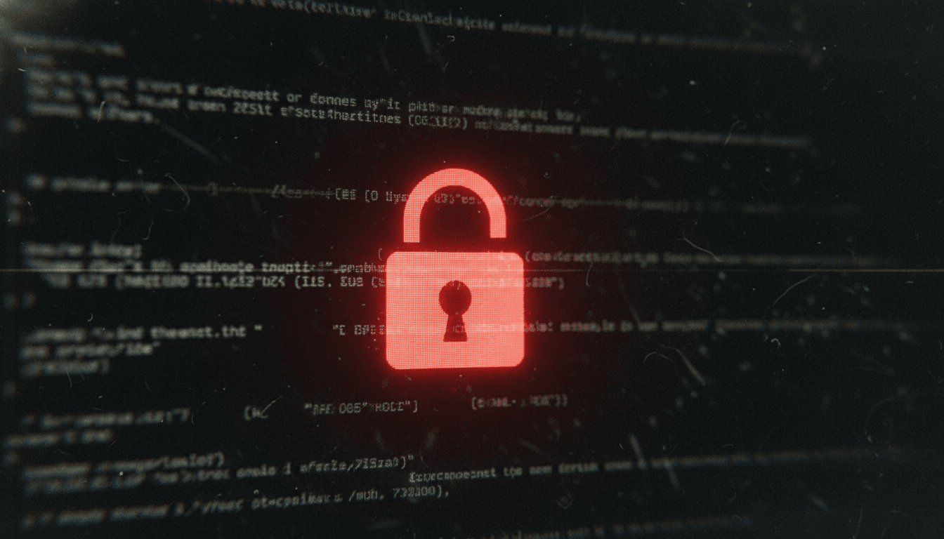 Close-up of a digital padlock icon superimposed over a blurred background of encrypted code, symbolizing a ransomware attack.
