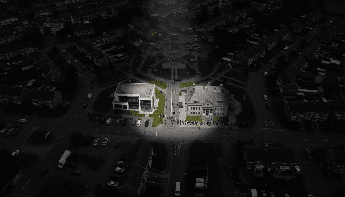 Aerial view of a suburban Irish town with a bank and a government building, representing the financial and state institutions targeted by fraud.