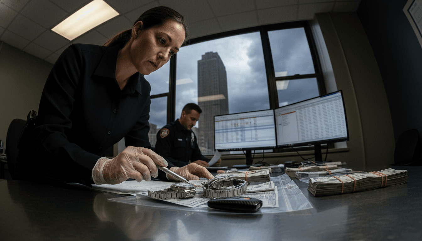 Police evidence bags containing luxury items and financial documents on a table, representing seized assets from a fraud investigation.