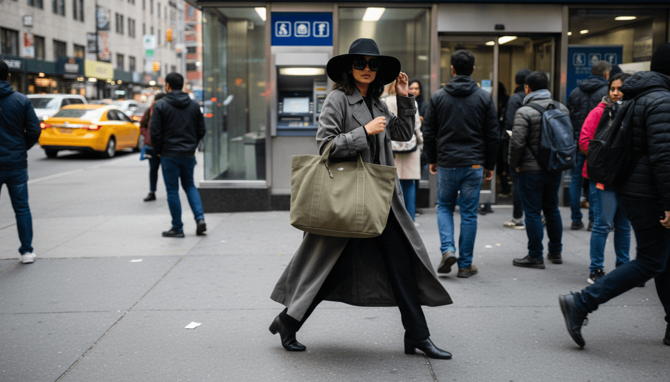 Jasmin Sood (aka Jaslynn Washington) walking on a city street, possibly near a bank, with a determined expression, carrying a large bag.