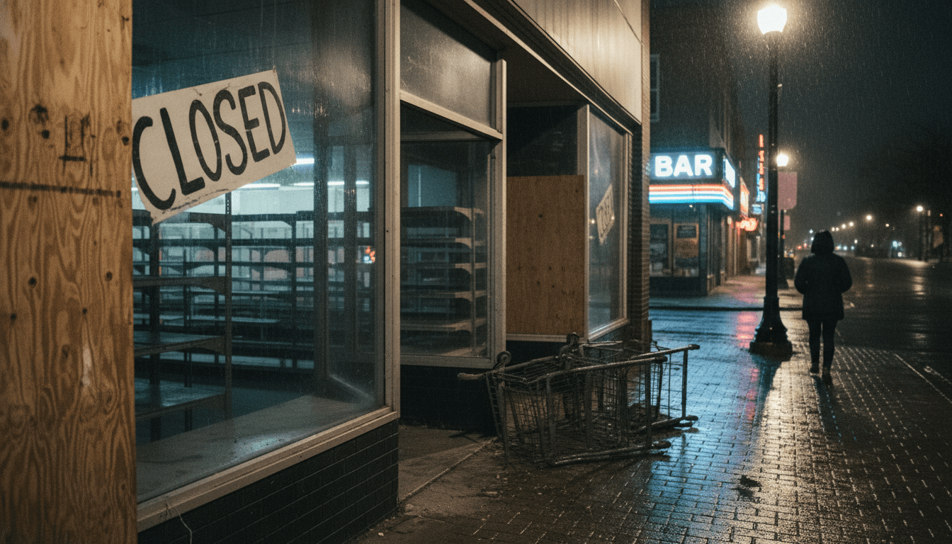 Empty grocery store shelves and a closed sign, symbolizing the fraudulent claims made by Said Abdullahi Ereg's business in the Feeding Our Future scheme.