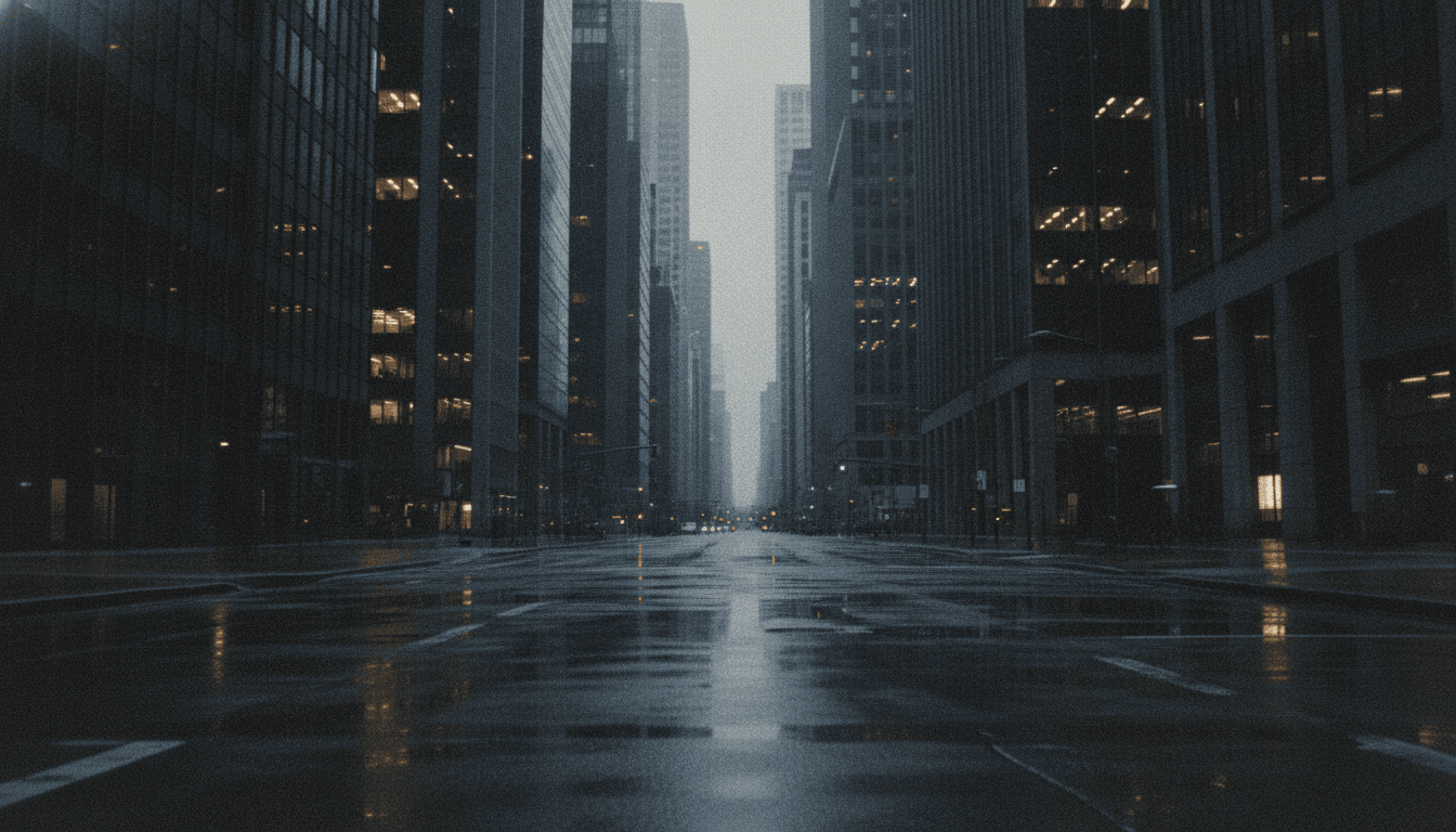 A rainy, desolate cityscape at dusk, with a prominent but dark financial district building in the background, conveying the somber aftermath of financial fraud.