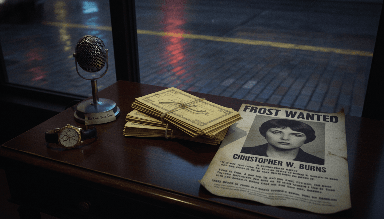 A composition of items related to Christopher W. Burns' alleged fraud: a stack of fake promissory notes, a microphone from 'The Chris Burns Show', a luxury watch, and a 'Most Wanted' poster with his face, all arranged on a desk.