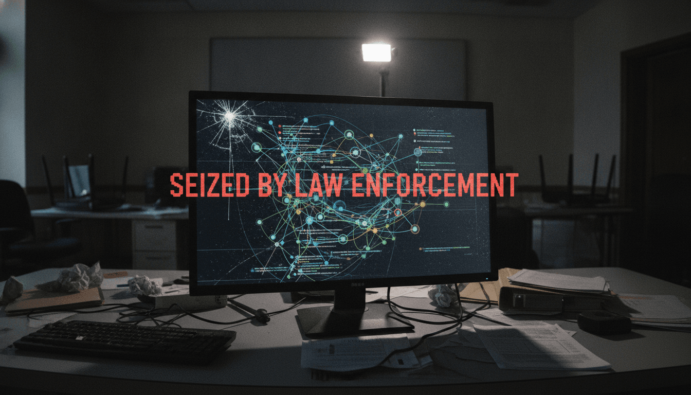 Close-up of a cryptocurrency mixer interface with blurred transaction details and a 'seized by law enforcement' banner overlay.