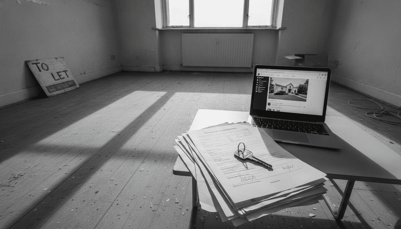 A conceptual image showing a broken key and a stack of fake tenancy agreements, symbolizing rental fraud.