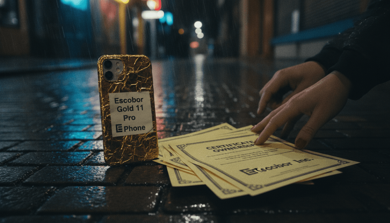 Close-up of a crudely gold-foiled smartphone, labeled 'Escobar Gold 11 Pro Phone,' next to a stack of fake 'Certificates of Ownership.'
