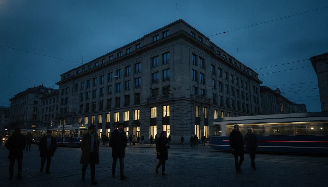 A wide shot of Credit Suisse's headquarters in Zurich, Switzerland, with the bank's logo prominently displayed.