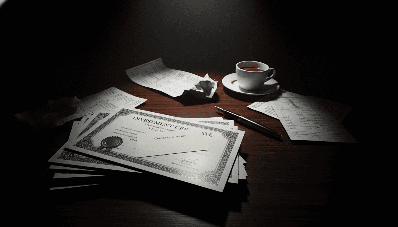 A stack of fake investment certificates and a fraudulent company director's business card, symbolizing the nearly £9 million investment fraud.
