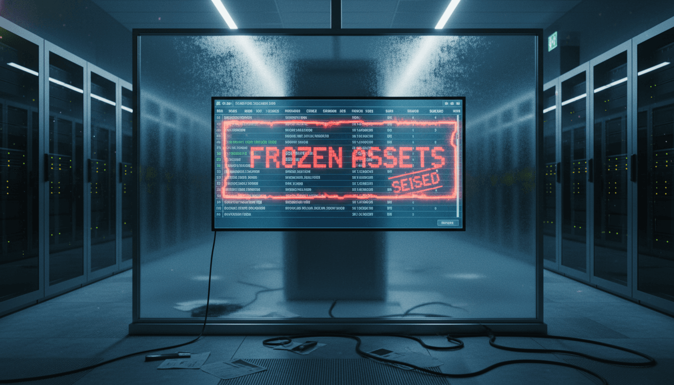 A digital representation of frozen cryptocurrency assets on a screen, illustrating how Coinbase freezes $3M crypto from illicit networks.