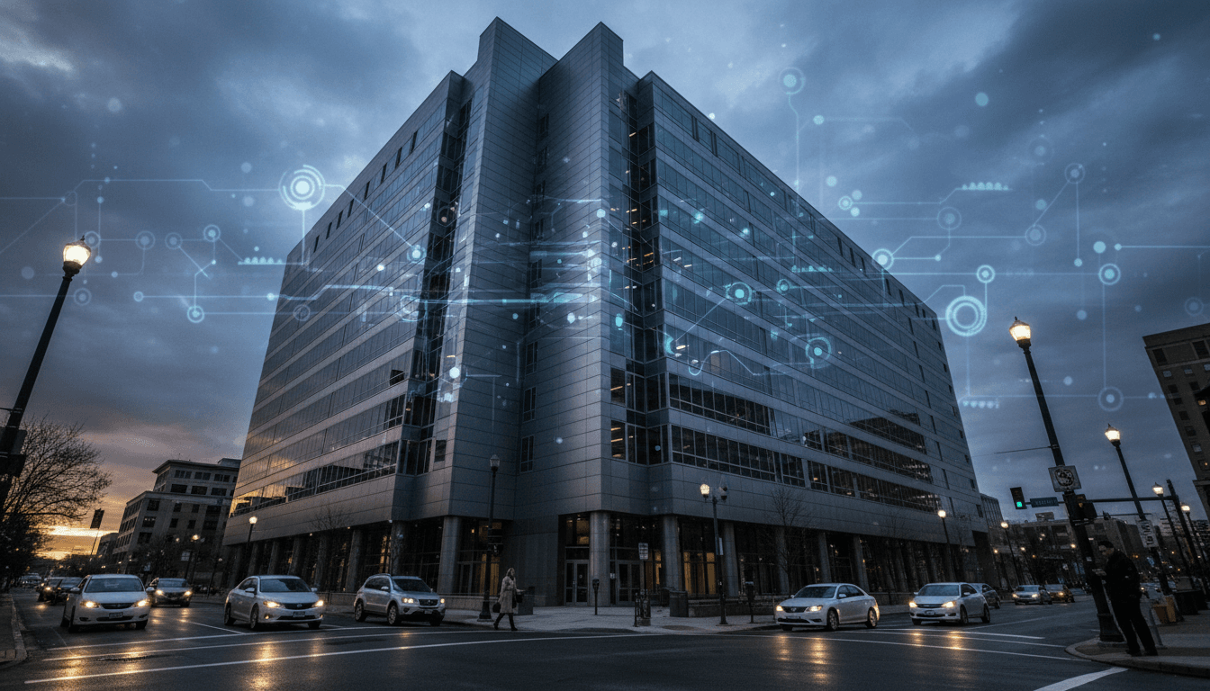 A wide shot of a federal courthouse in Ohio, with digital elements overlayed representing the complex web of Ohio fraud schemes and financial transactions.