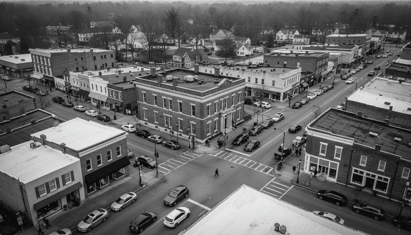 An aerial view of a small town in Central Georgia with a bank building visible, illustrating the scope of the Central Georgia bank fraud.