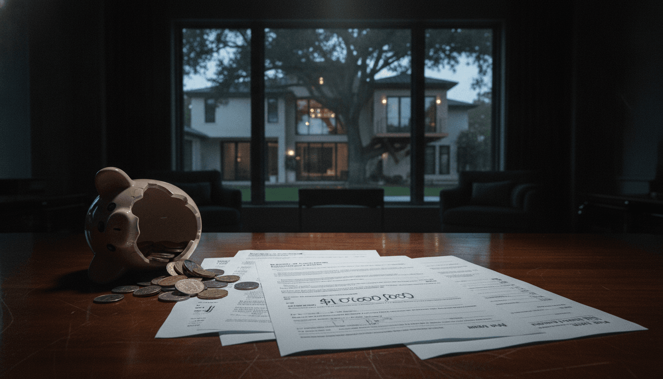 A conceptual image representing PPP loan applications fraud with stacks of fake documents, a broken piggy bank, and a blurred background of a luxury home.