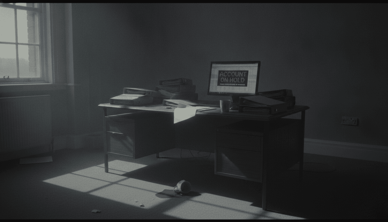 A dimly lit, empty government office at dawn, with scattered tax documents and a computer screen displaying a frozen bank account, symbolizing the aftermath of a massive Colorado tax fraud scheme.