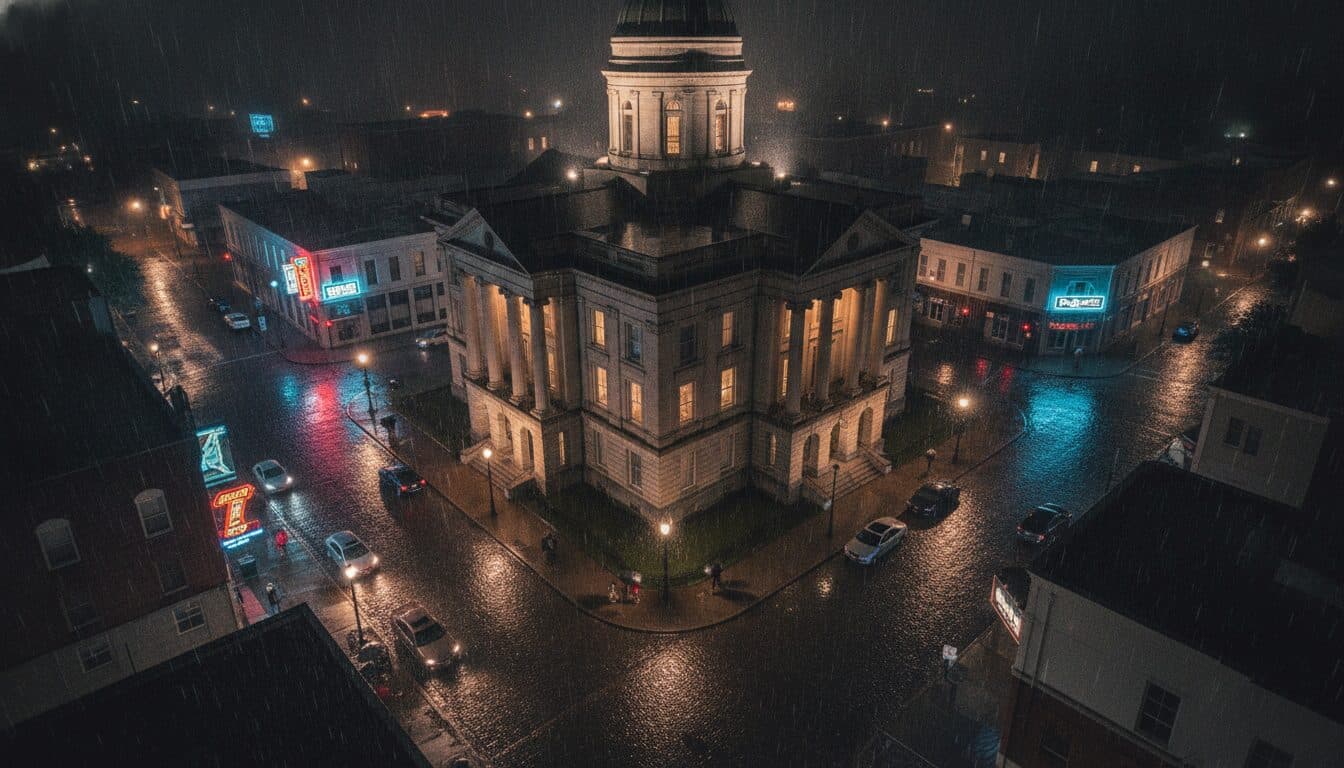 Aerial view of a Fort Bend County courthouse with 'money laundering conviction' text overlay, symbolizing the legal outcome.