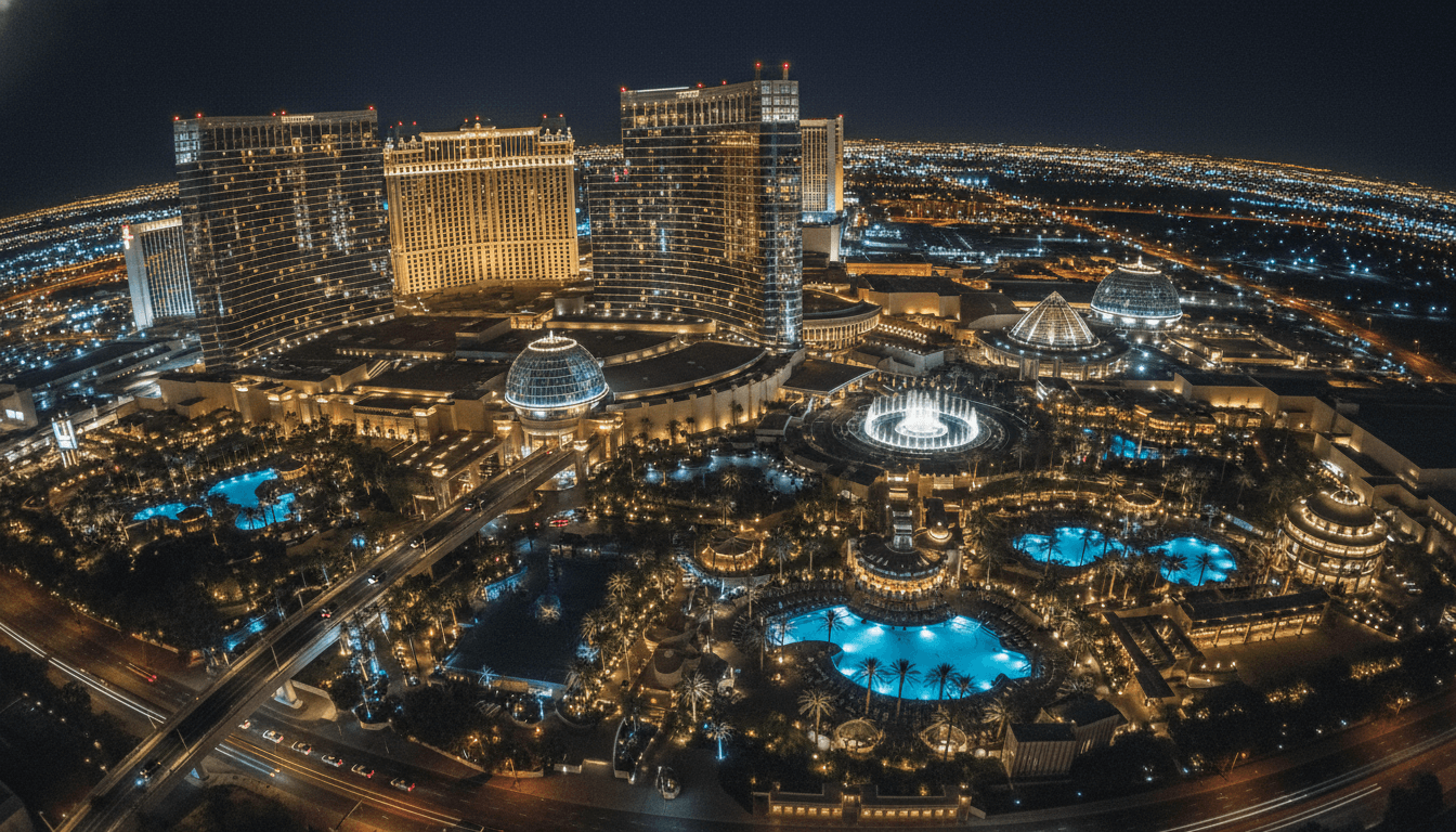 Aerial view of a sprawling Las Vegas resort complex with 'MGM Resorts stock' signage