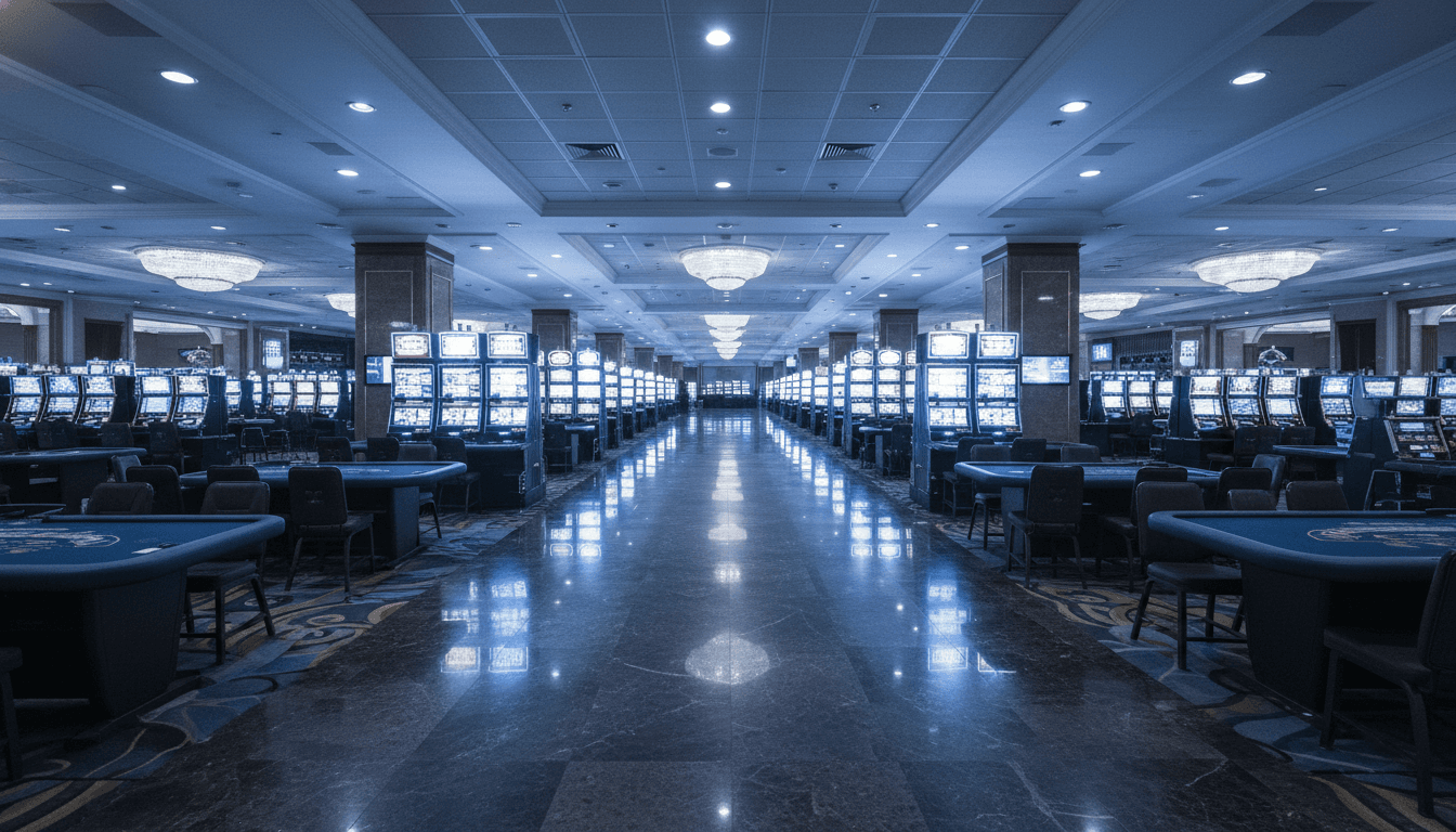A dimly lit, empty casino floor in Macau, with rows of slot machines and gaming tables bathed in the soft glow of neon lights, conveying a sense of quiet anticipation amidst industry challenges.