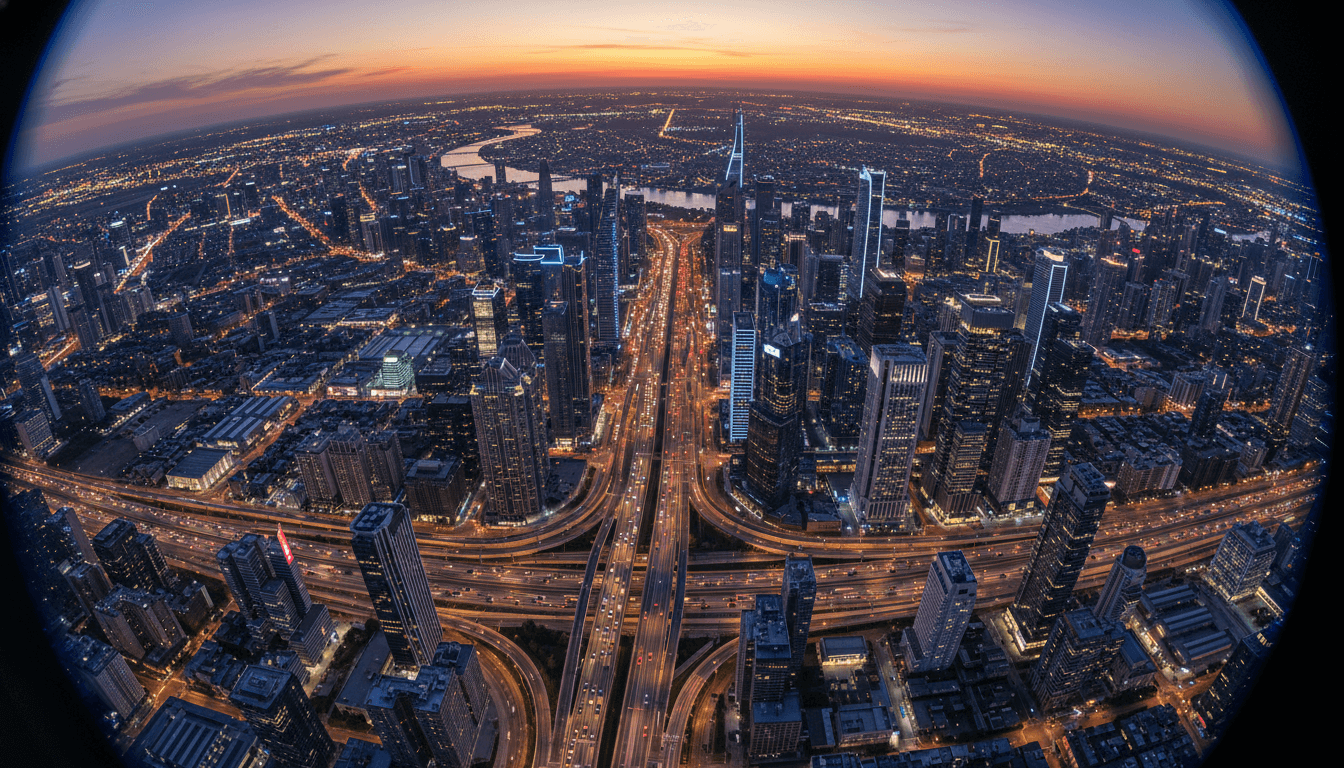 Aerial view of a sprawling, futuristic city resembling a Grand Theft Auto VI setting, with neon lights and towering skyscrapers, symbolizing Take-Two 26% upside potential.