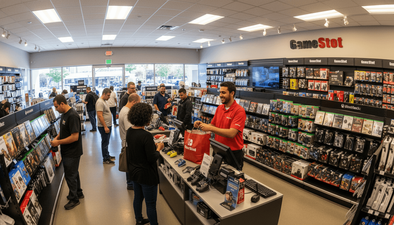 A bustling GameStop store interior with customers browsing game titles and merchandise, highlighting a successful retail environment as GameStop stock jumps 7%.